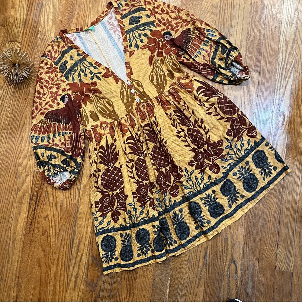 FARM Rio Yellow Floral Print Mini Dress with Rust and Teal Accents - Picture 3 of 7
